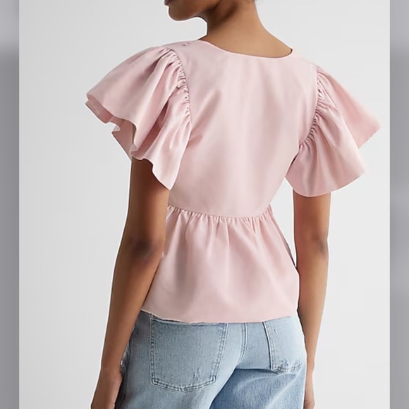 Express Top Women XS Blouse Peplum Shirt Baby Pink  Flutter Sleeve Babydoll Z - Picture 9 of 10